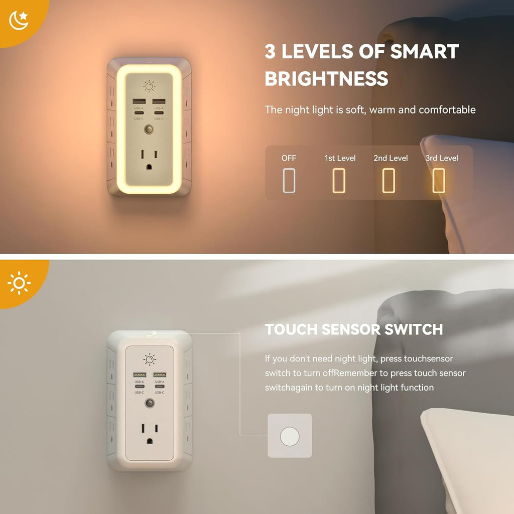 Multi Plug Outlet 2 USB and 2 Type C Charging Ports and Night Light