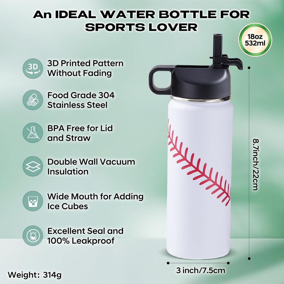 Baseball Water Bottle with 100 Stickers for Boys