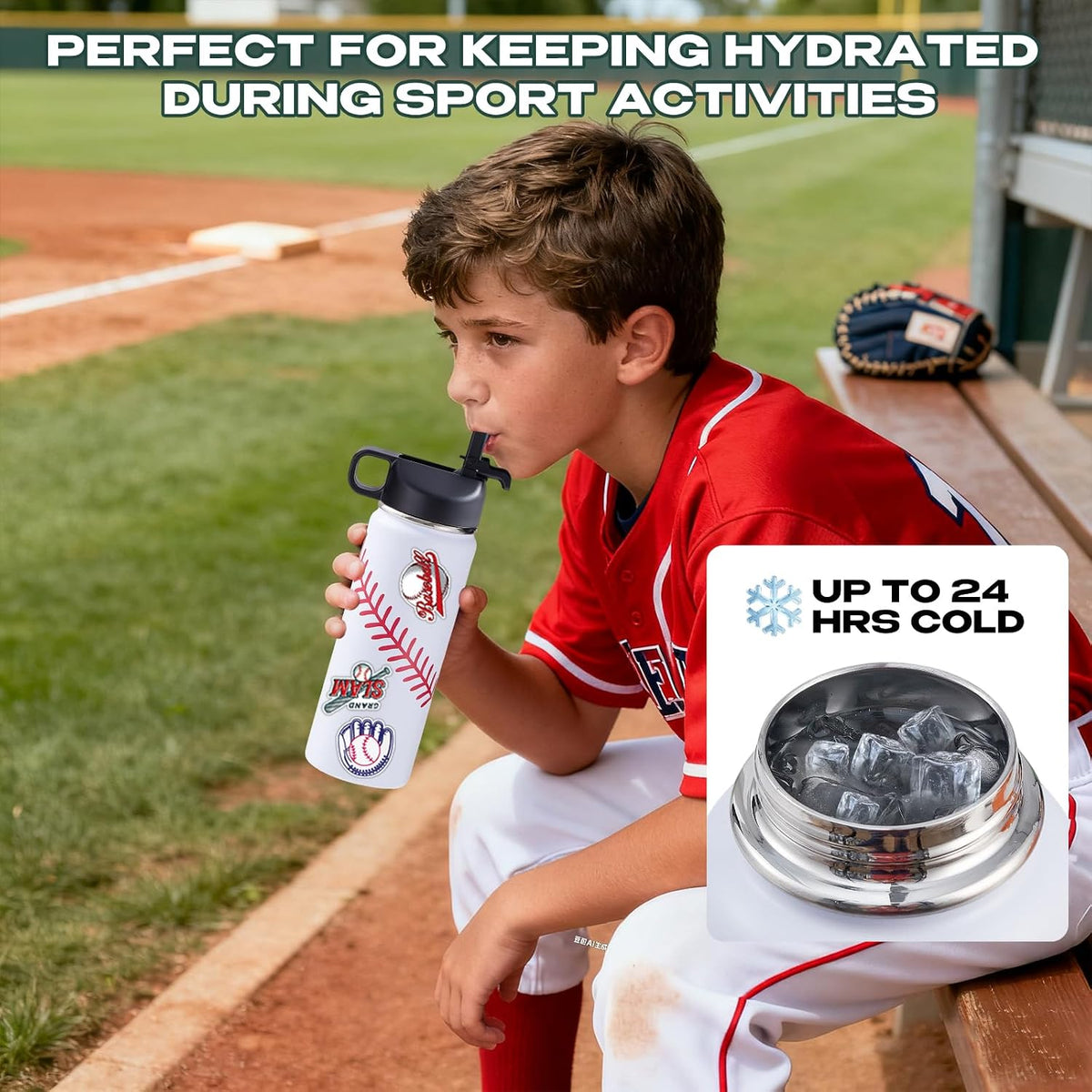Baseball Water Bottle with 100 Stickers for Boys