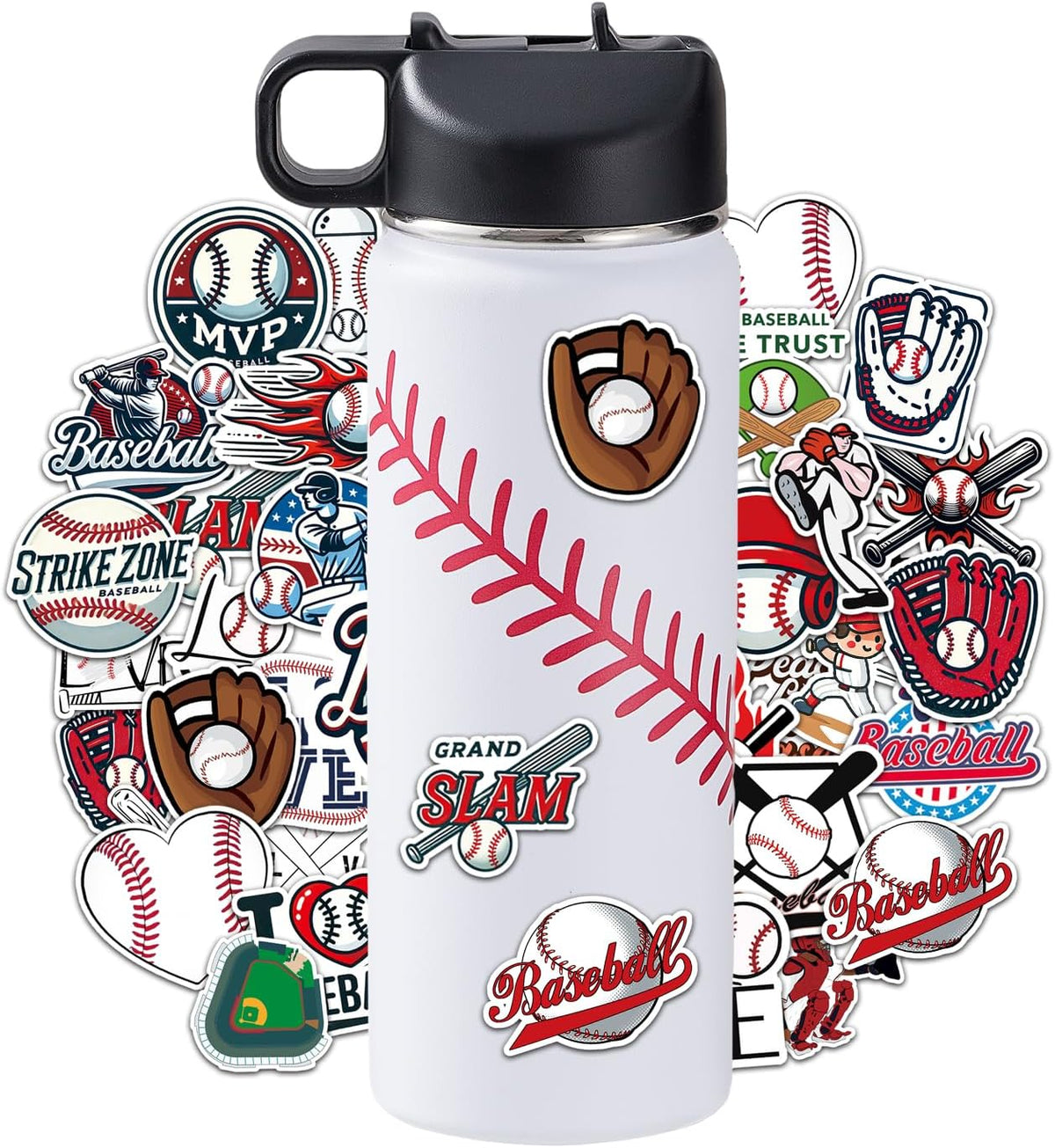 Baseball Water Bottle with 100 Stickers for Boys